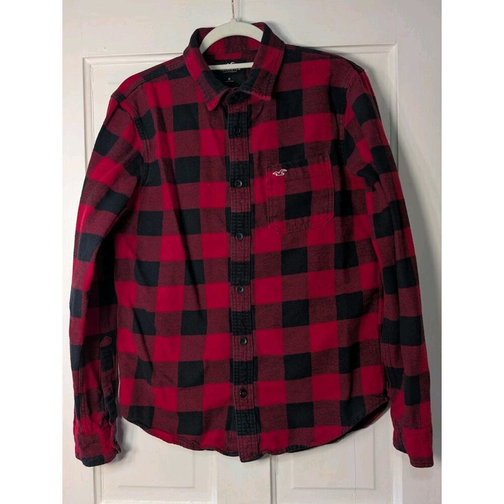 Hollister California Button Up Flannel Shirt Red Black Buffalo Plaid Mens M (801